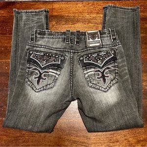 Rock Revival Noah Alternate Straight Jeans 32x33 Gray w/Red Rhinestones